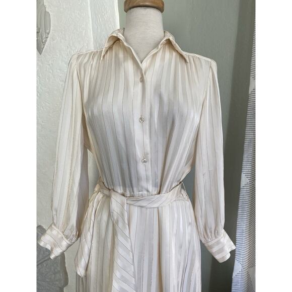 Pure Silk Vintage Ivory Gold Pinstripe Silk Collared Shirt Dress - Est Size 8 - Picture 2 of 8